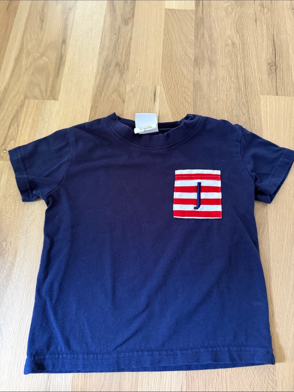 Navy Short-Sleeve Kids Tee with Red-Striped Pocket and J Monogram